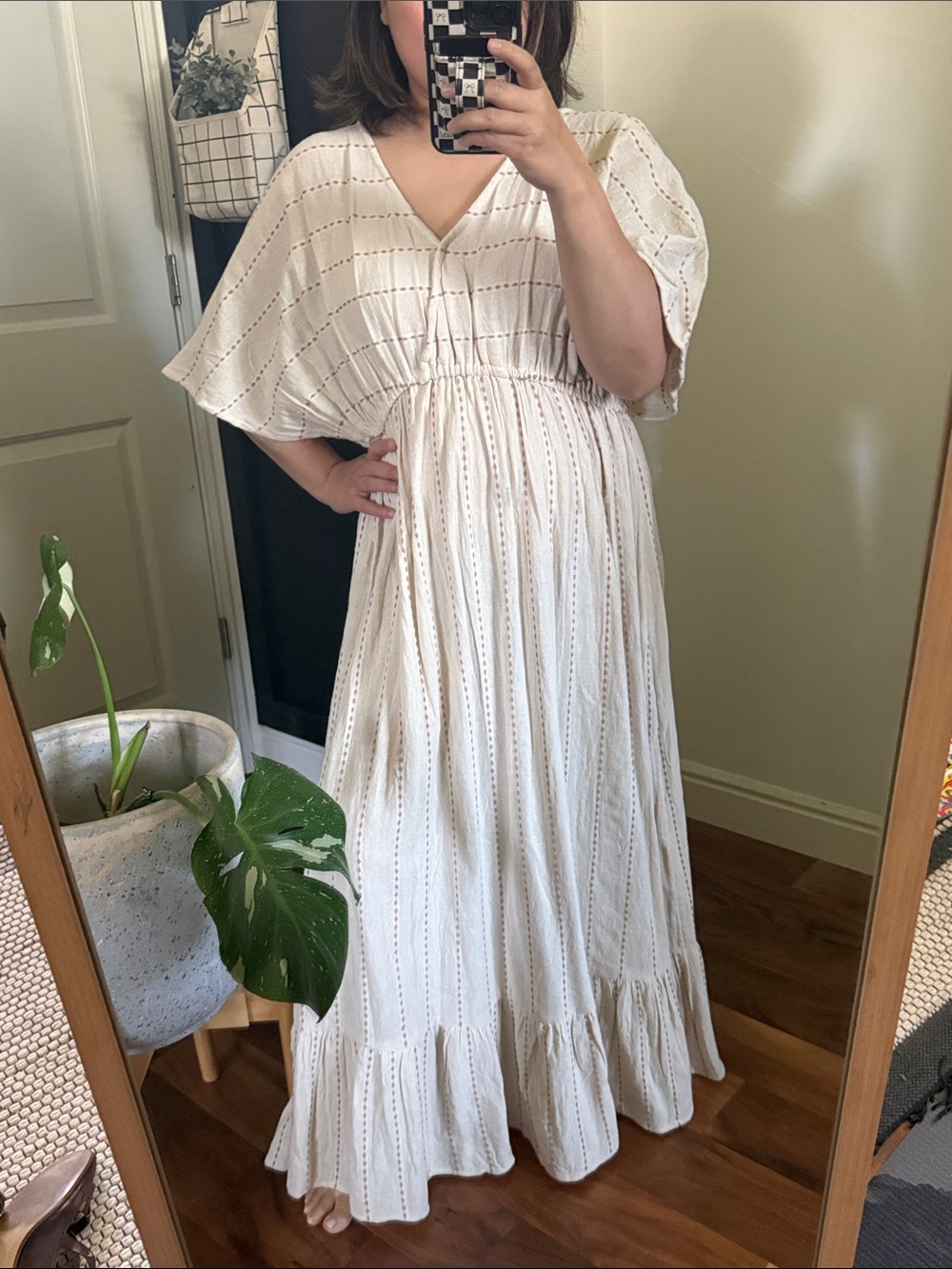 World Market Mira Ivory Muted Terrocota Dash Striped Kaftan Dress. Size S